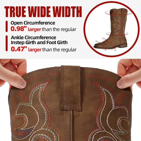 Brown Women's Wide Width Cowboy Boots Square Toe Mid Calf Western Cowgirl Boots - Picture 5 of 8